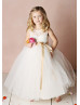 Ivory Lace Tulle Fancy Flower Girl Dress With Champagne Mercerized Sash Ivory Lace Tulle Fancy Flower Girl Dress With Champagne Mercerized Sash
